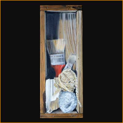 painting trompe-l'oeil, bricolage, oil on wood