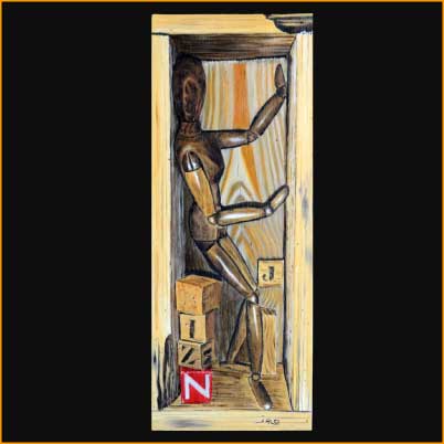 peinture trompe-l'oeil de chevalet: Mannequin - huile sur bois, 13 X 33.5 cm