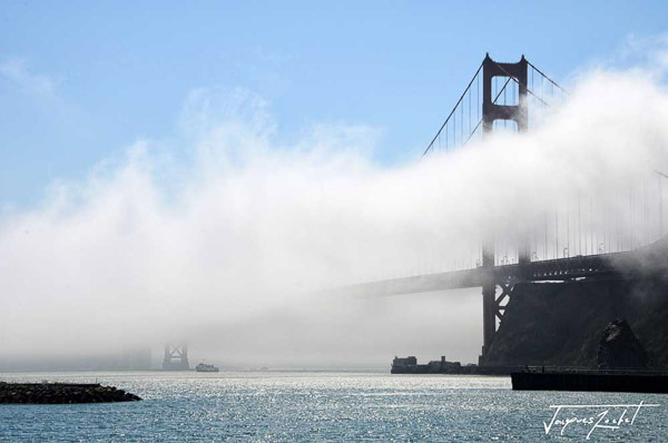 The Golden Gate Bridge in the mist in San Francisco, California